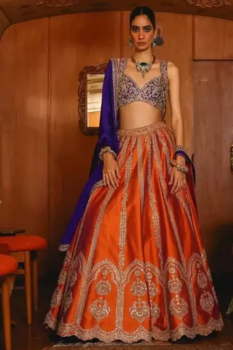 Orange Silk Embroidered Lehenga Choli with Purple Dupatta for Wedding Wear