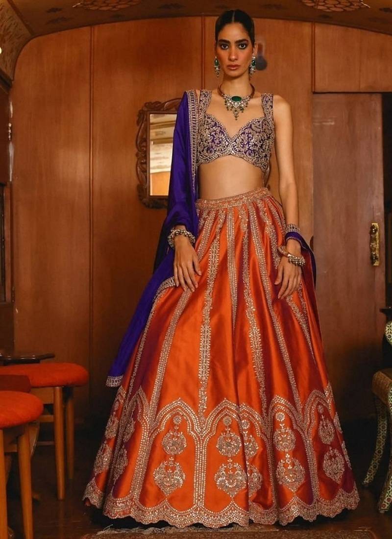 Orange Silk Embroidered Lehenga Choli with Purple Dupatta for Wedding Wear