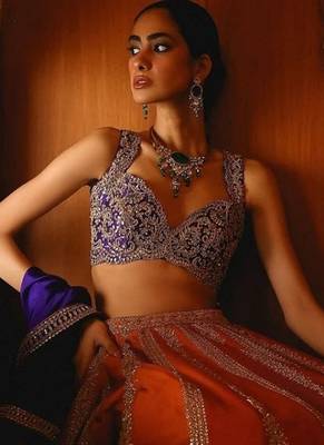Orange Silk Embroidered Lehenga Choli with Purple Dupatta for Wedding Wear 2