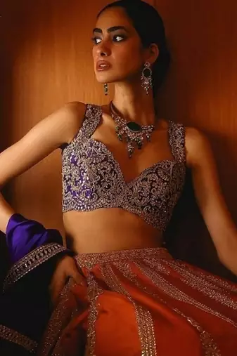 Orange Silk Embroidered Lehenga Choli with Purple Dupatta for Wedding Wear