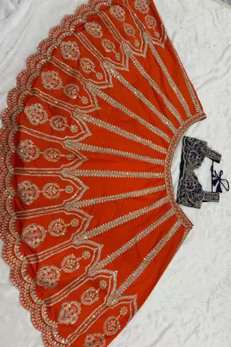 Orange Silk Embroidered Lehenga Choli with Purple Dupatta for Wedding Wear