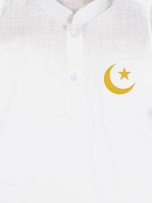 Boys white pure cotton kurta pyjama set with eid mubarak print 2