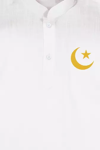 Boys white pure cotton kurta pyjama set with eid mubarak print
