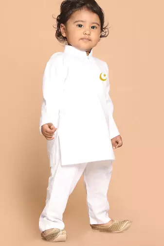 Boys white pure cotton kurta pyjama set with eid mubarak print