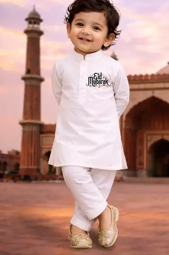 Boys white pure cotton kurta pyjama set with eid mubarak print