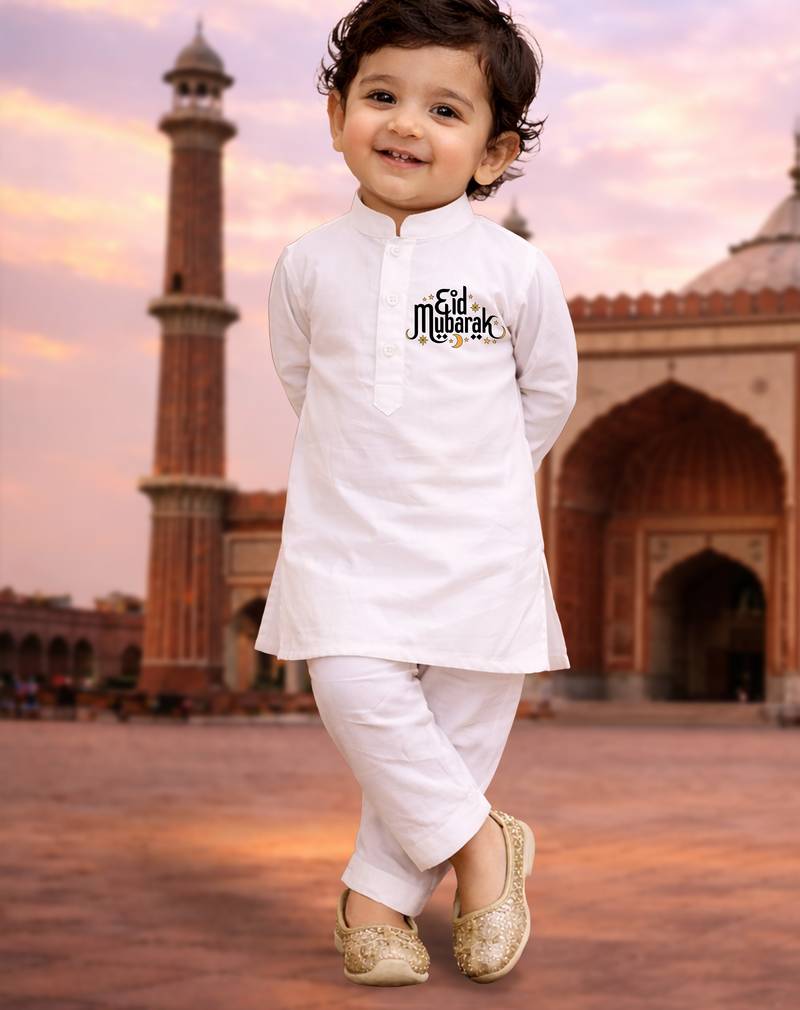Boys white pure cotton kurta pyjama set with eid mubarak print