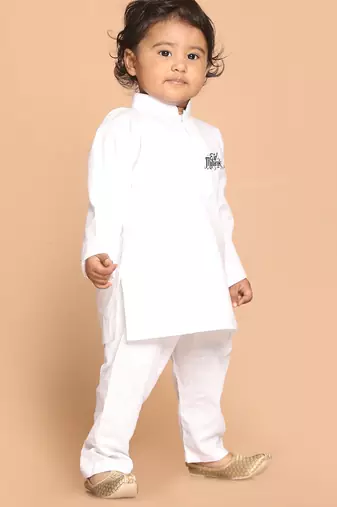 Boys white pure cotton kurta pyjama set with eid mubarak print