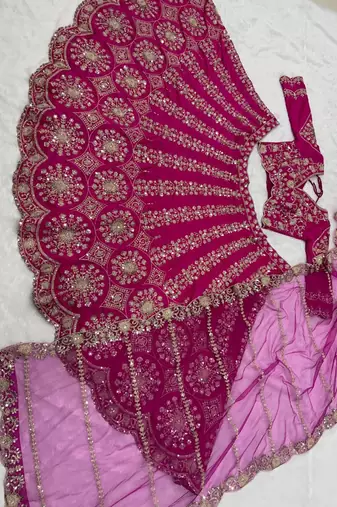 Traditional Rani Pink Embroidered Bridal Wear Lehenga Set