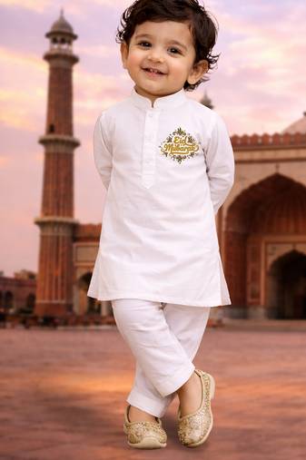 Boys white pure cotton kurta pyjama set with eid mubarak print