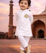 Boys white pure cotton kurta pyjama set with eid mubarak print