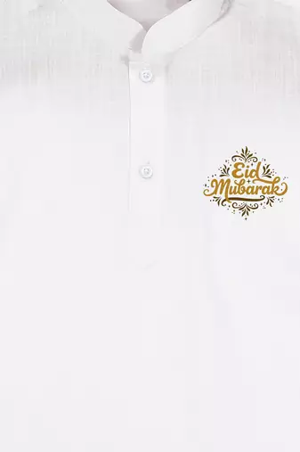 Boys white pure cotton kurta pyjama set with eid mubarak print