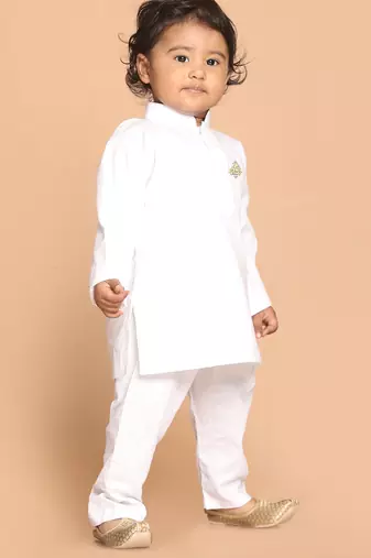 Boys white pure cotton kurta pyjama set with eid mubarak print