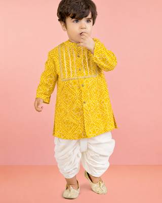 Baby boys yellow pure cotton bandhani print kurta dhoti set 1