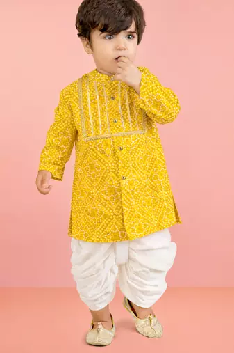 Baby boys yellow pure cotton bandhani print kurta dhoti set