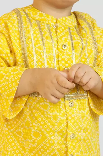 Baby boys yellow pure cotton bandhani print kurta dhoti set
