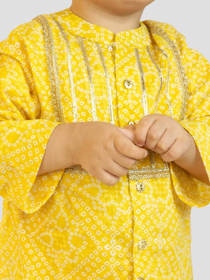 Baby boys yellow pure cotton bandhani print kurta dhoti set