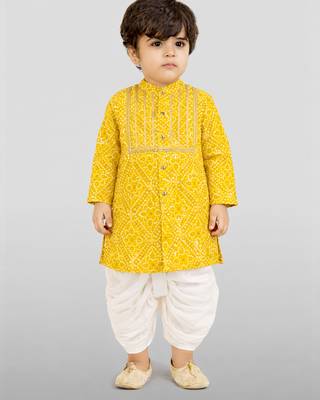 Baby boys yellow pure cotton bandhani print kurta dhoti set 3