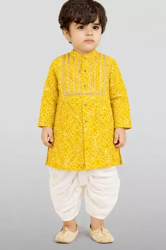 Baby boys yellow pure cotton bandhani print kurta dhoti set