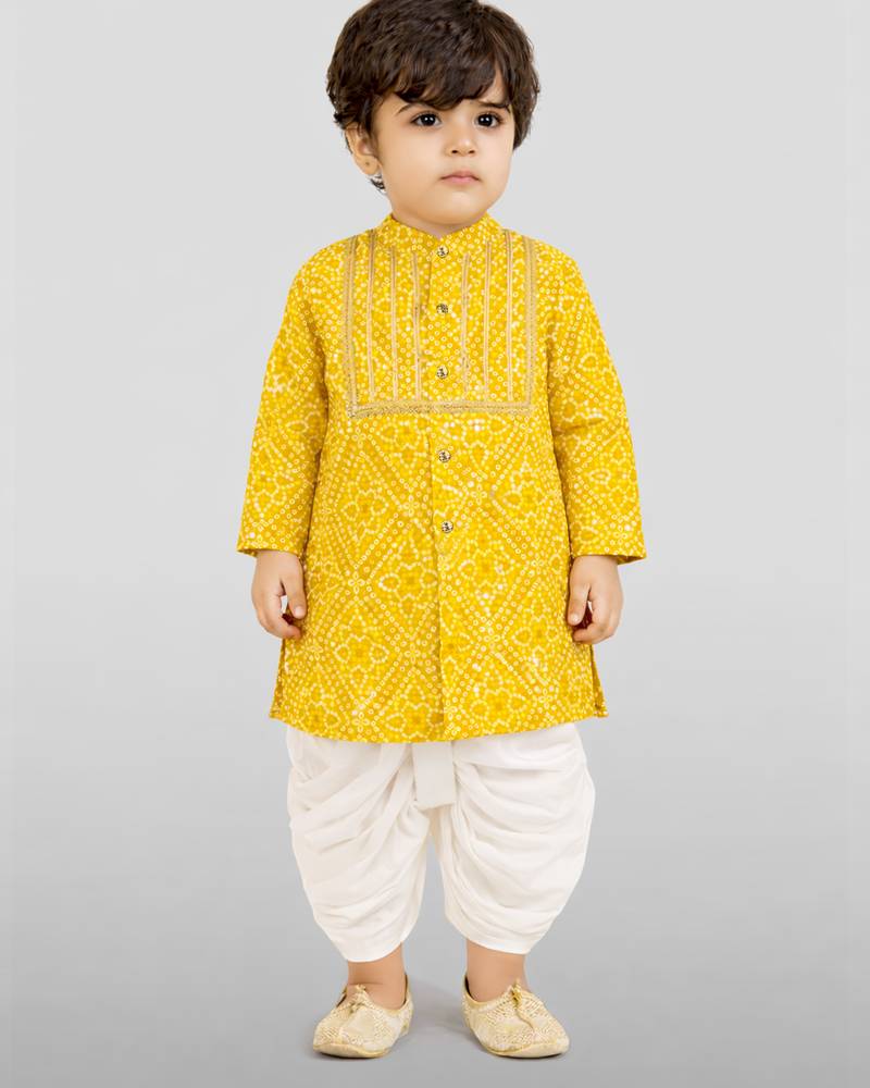 Baby boys yellow pure cotton bandhani print kurta dhoti set