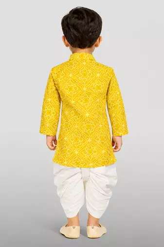 Baby boys yellow pure cotton bandhani print kurta dhoti set