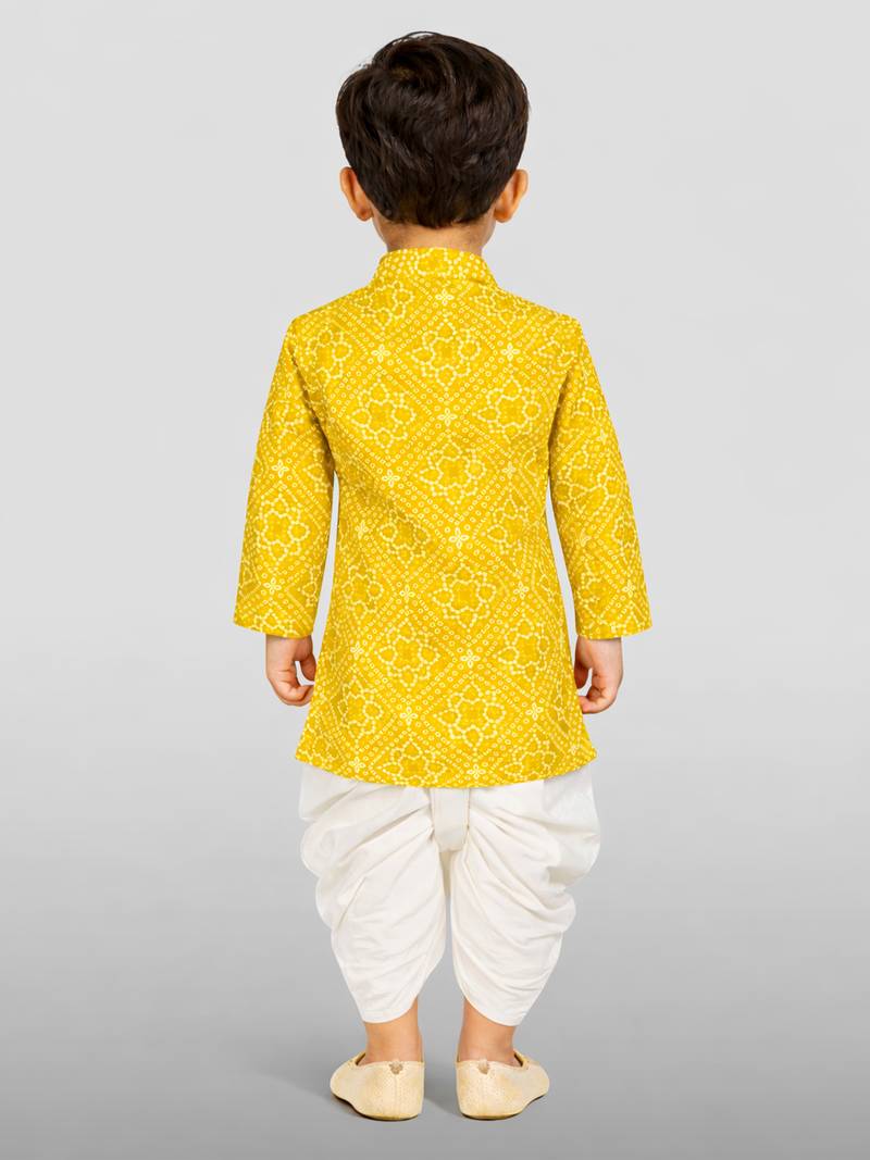Baby boys yellow pure cotton bandhani print kurta dhoti set