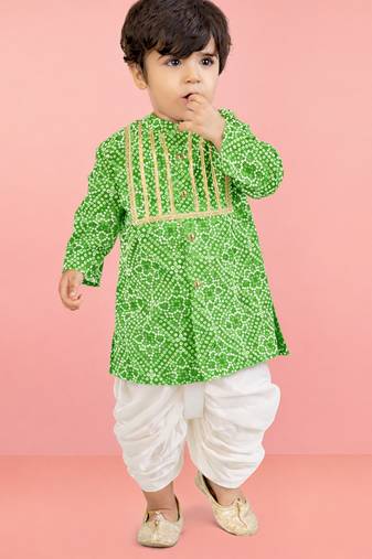 Baby boys green pure cotton bandhani print kurta dhoti set