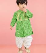 Baby boys green pure cotton bandhani print kurta dhoti set