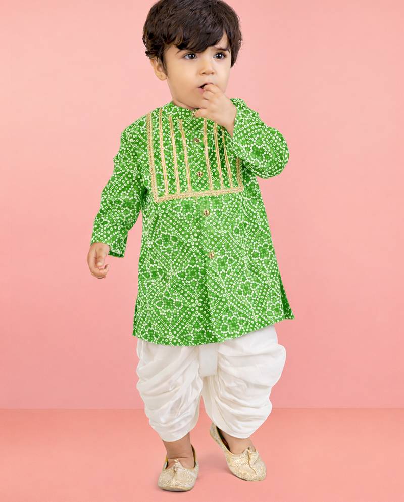 Baby boys green pure cotton bandhani print kurta dhoti set