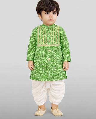 Baby boys green pure cotton bandhani print kurta dhoti set 3