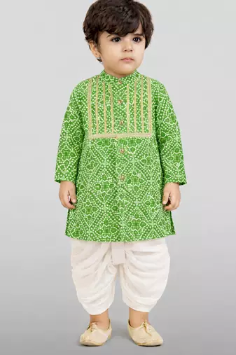 Baby boys green pure cotton bandhani print kurta dhoti set