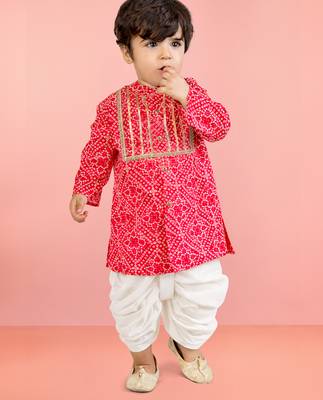 Baby boys red pure cotton bandhani print kurta dhoti set 1