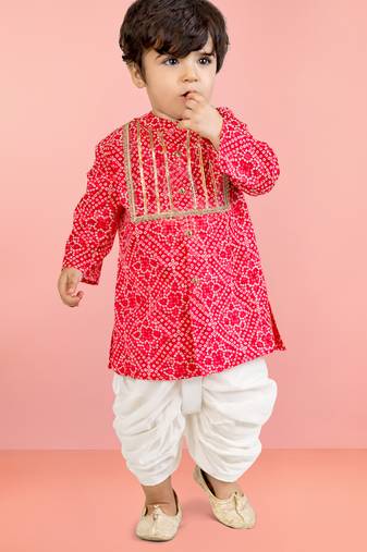 Baby boys red pure cotton bandhani print kurta dhoti set