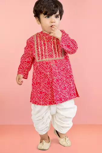 Baby boys red pure cotton bandhani print kurta dhoti set