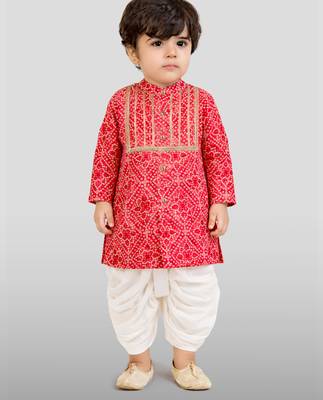 Baby boys red pure cotton bandhani print kurta dhoti set 3