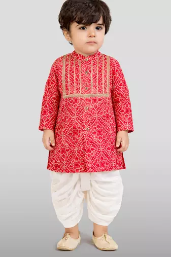 Baby boys red pure cotton bandhani print kurta dhoti set