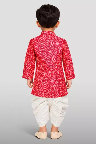 Baby boys red pure cotton bandhani print kurta dhoti set