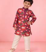 Boys purple pichwai print muslin kurta with cream pyjama     wedding & festive wear