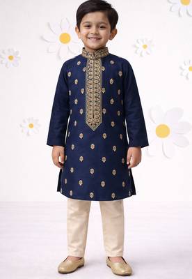 Boys navy blue cotton thread embroidery kurta cream pyjama set 1