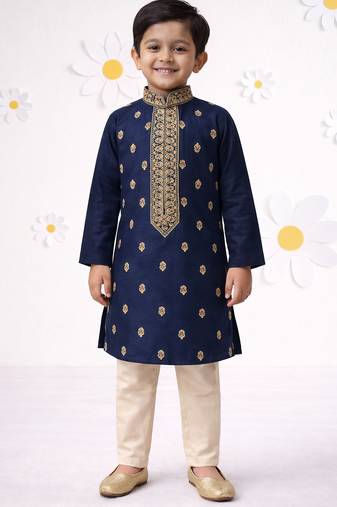 Boys navy blue cotton thread embroidery kurta cream pyjama set
