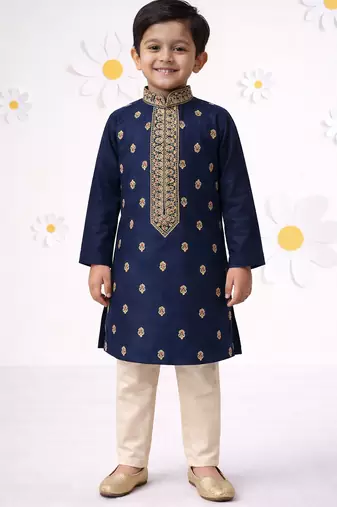Boys navy blue cotton thread embroidery kurta cream pyjama set