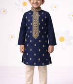 Boys navy blue cotton thread embroidery kurta cream pyjama set