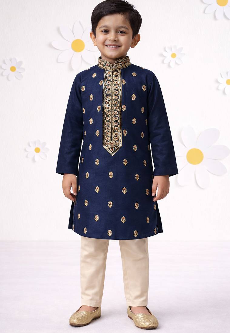 Boys navy blue cotton thread embroidery kurta cream pyjama set