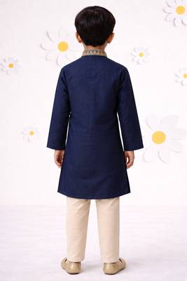 Boys navy blue cotton thread embroidery kurta cream pyjama set 2