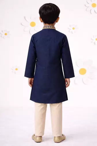 Boys navy blue cotton thread embroidery kurta cream pyjama set