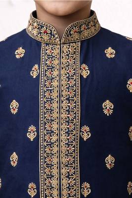 Boys navy blue cotton thread embroidery kurta cream pyjama set 3