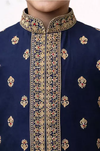 Boys navy blue cotton thread embroidery kurta cream pyjama set