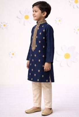 Boys navy blue cotton thread embroidery kurta cream pyjama set 4