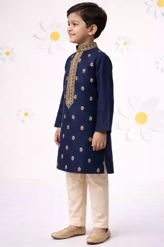 Boys navy blue cotton thread embroidery kurta cream pyjama set