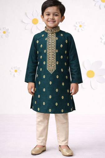 Boys bottle green cotton thread embroidery kurta cream pyjama set