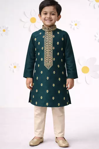 Boys bottle green cotton thread embroidery kurta cream pyjama set